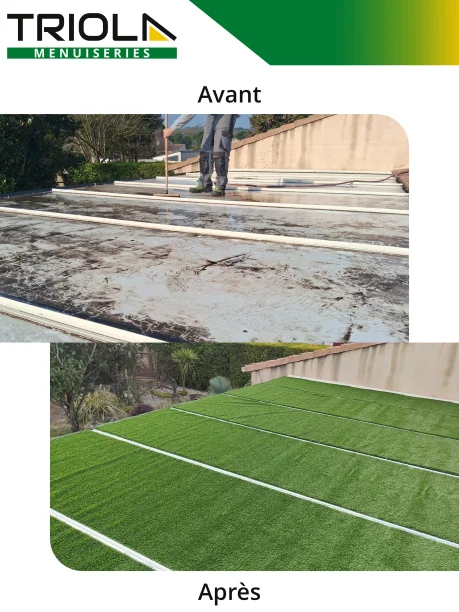 Gazon synthétique Espace Lounge sur toiture de véranda à Saint-Laurent-des-Arbres avant / après la pose