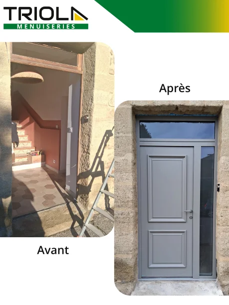 Porte d’entrée grise en aluminium style classique Bel-M à Courtezon avant / après la pose