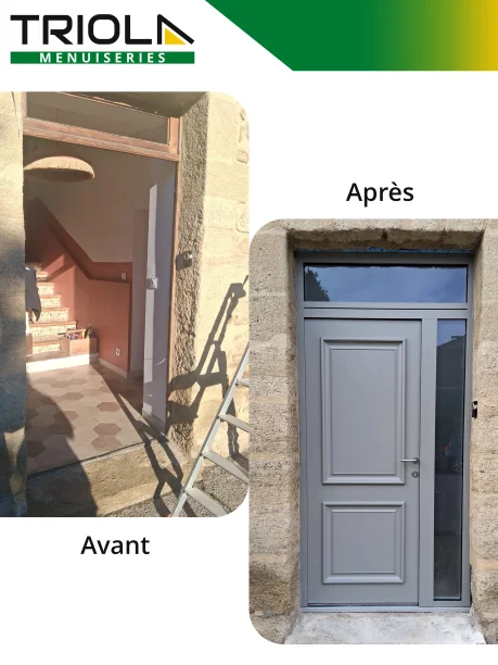 Porte d’entrée grise en aluminium style classique Bel'M à Courtezon avant / après la pose