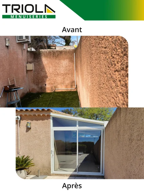 Véranda blanche aluminium profilés Schüco à Bédarrides avant / après la pose