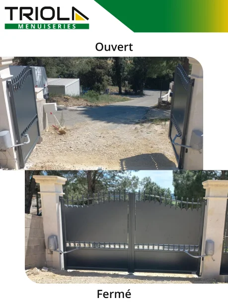 Portail battant motorisé et portillon gris aluminium fer forgé La Toulousaine à Montfaucon ouvert / fermé