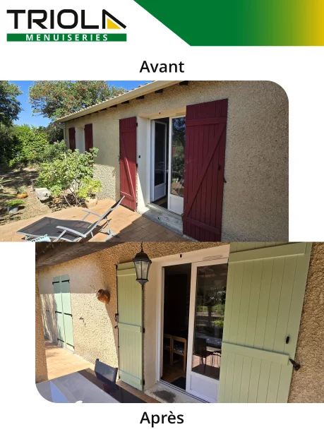 Volets battants vert clair composite Sidonie Chusclan avant / après