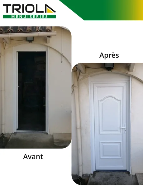 Porte d'entrée blanche PVC Réhau fabrication TRIOLA Menuiseries Laudun-l'Ardoise avant / après