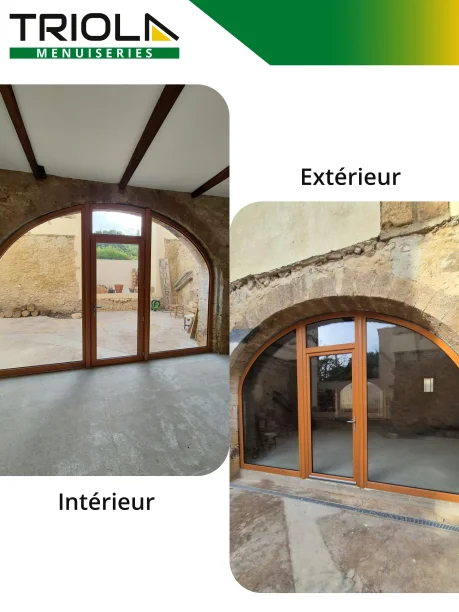 Châssis cintré 2 fixes latéraux vitrés porte centrale imposte chêne bois Castes Pouzilhac intérieur / extérieur