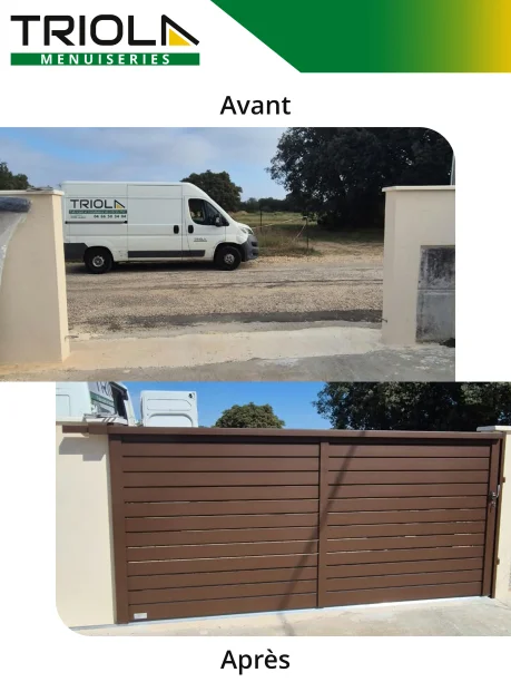Portail coulissant lames persiennées RAL 8014 aluminium La Toulousaine Laudun-l'Ardoise avant / après
