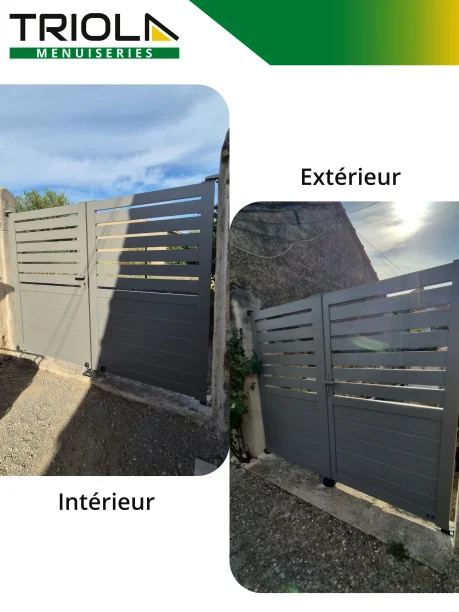 Portail battant 2 vantaux RAL 9002 aluminium La Toulousaine Saint-Geniès-de-Comolas intérieur / extérieur