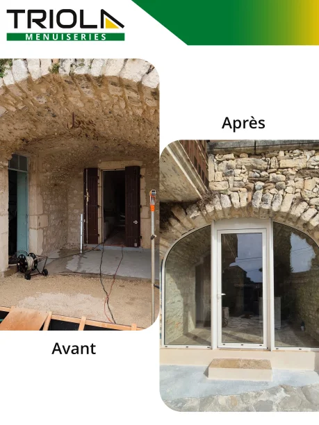 Châssis cintré porte centrale 2 fixes latéraux blanc aluminium Schüco Euzet-les-Bains avant / après