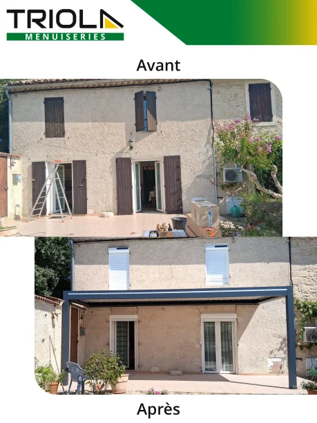 Pergola bioclimatique aluminium Art Home Alu 4 volets roulants solaires Profalux Bagnols-sur-Cèze avant après