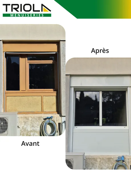 Fenêtre blanche aluminium Schüco fabrication TRIOLA Menuiseries volet roulant Presto Profalux Bagnols-sur-Cèze avant / après